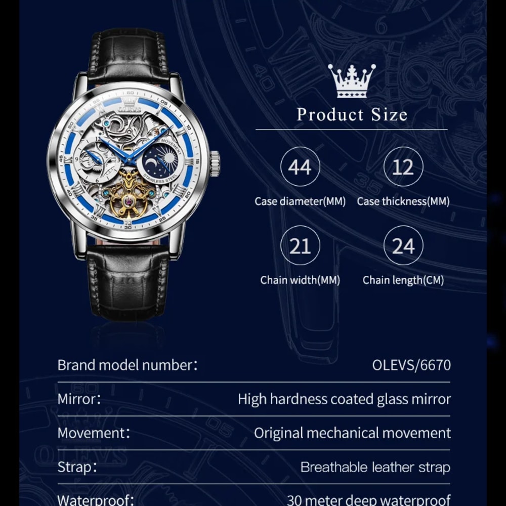 OLEVS Men Moon Phase Skeleton Mechanical Watch